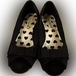 American Eagle Kendall III Girls Black Canvas Peep Toe Wedge Shoes Bow Size 3